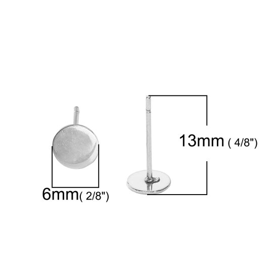 Picture of 304 Stainless Steel Glue-On Earring Post Round Silver Tone (Fits 6mm Dia) 13mm( 4/8") x 6mm( 2/8"), Post/ Wire Size: (21 gauge), 100 PCs