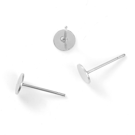 Picture of 304 Stainless Steel Glue-On Earring Post Round Silver Tone (Fits 6mm Dia) 13mm( 4/8") x 6mm( 2/8"), Post/ Wire Size: (21 gauge), 100 PCs