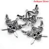 Picture of Zinc Based Alloy Halloween Pendants Skull With Cross Sword Antique Silver Color (Can Hold ss16 Rhinestone) 4.5cm x 3.4cm(1 6/8"x1 3/8"), 10 PCs