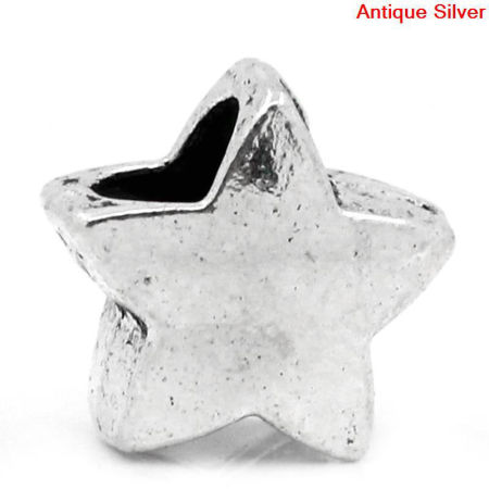 Zinc Metal Alloy European Style Large Hole Charm Beads Star Antique Silver Color Color Plated About 12mm x 11mm, Hole: Approx 5mm, 30 PCs
