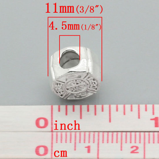 Picture of Zinc Metal Alloy European Style Large Hole Charm Beads Round Silver Plated Message "Fire Dept" Carved Color Plated About 12mm x 11mm, Hole: Approx 4.5mm, 20 PCs