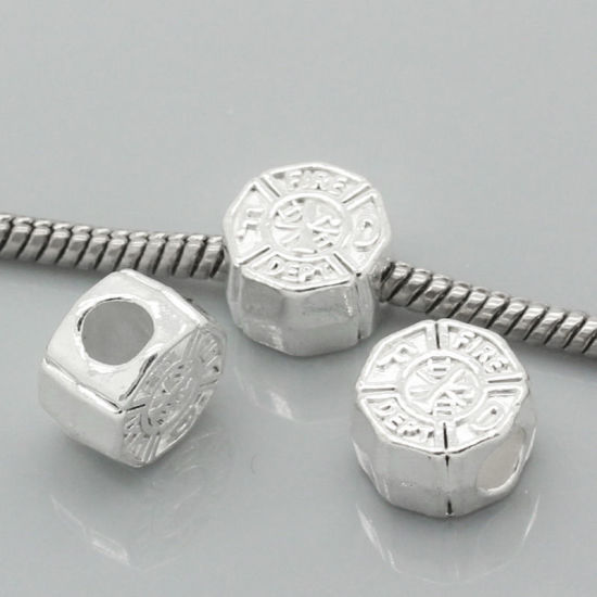 Picture of Zinc Metal Alloy European Style Large Hole Charm Beads Round Silver Plated Message "Fire Dept" Carved Color Plated About 12mm x 11mm, Hole: Approx 4.5mm, 20 PCs