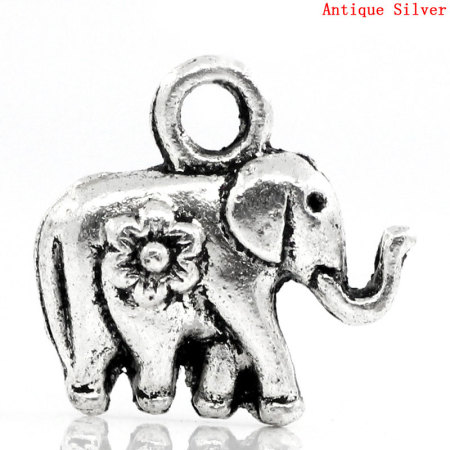 Picture of Zinc Metal Alloy Charm Pendants Elephant Animal Antique Silver Color Flower Carved 12mm x 12mm( 4/8"x 4/8"), 50 PCs