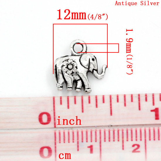 Immagine di Lega di Zinco Charm Ciondoli Elefante Argento Antico Fiore Disegno 12.0mm x 12.0mm, 50 Pz