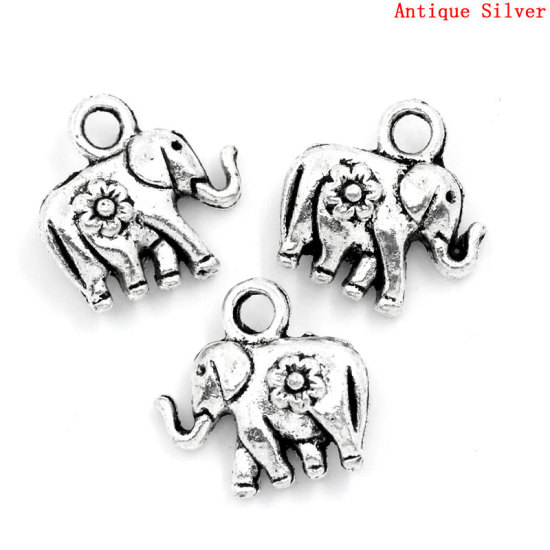 Immagine di Lega di Zinco Charm Ciondoli Elefante Argento Antico Fiore Disegno 12.0mm x 12.0mm, 50 Pz