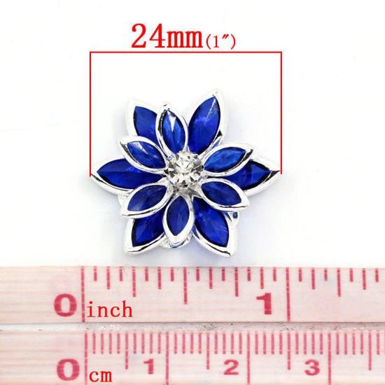 Bild von 10 Stück Messing Embellishments Cabochons Blumen Versilbert Saphirblau Transparent Strass 24mm x 23mm