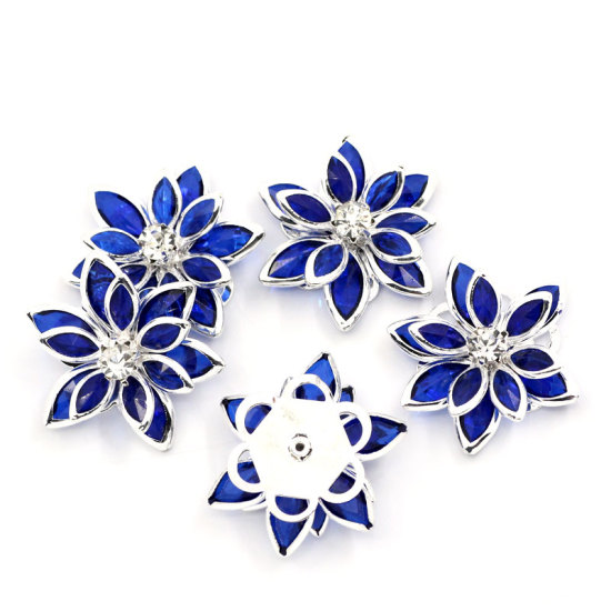 Bild von 10 Stück Messing Embellishments Cabochons Blumen Versilbert Saphirblau Transparent Strass 24mm x 23mm