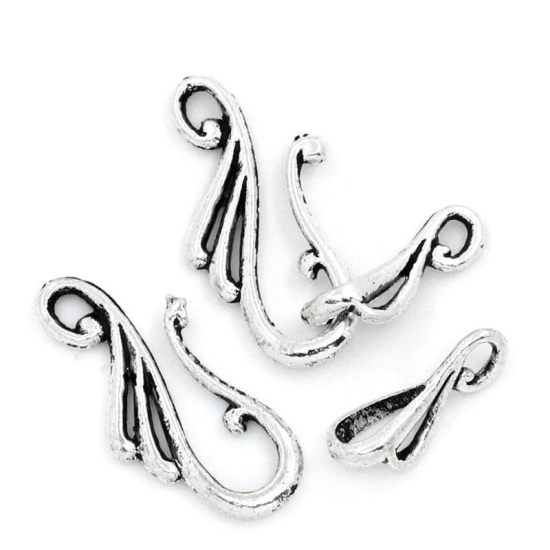 Picture of Zinc Based Alloy Toggle Clasps Flower Antique Silver Color 25.5mm x12mm 16mm x6mm, 50 Sets