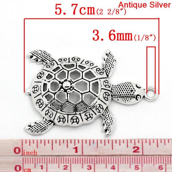 オーシャンアクセサリー 亜鉛合金 チャーム ペンダント 動物 亀 銀古美 透かし模様 5.7cm x 3.9cm、 5 PCs の画像
