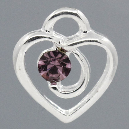 Bild von Legierung + Strass Anhänger Herz Versilbert, mit Amethyst Strass 13.0mm x 12.0mm, 30 Stücke 