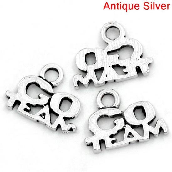 Image de Breloques en Alliage de Zinc Argent Vieilli Gravé Mots "GO TEAM" 13mm x 10mm, 50 Pcs