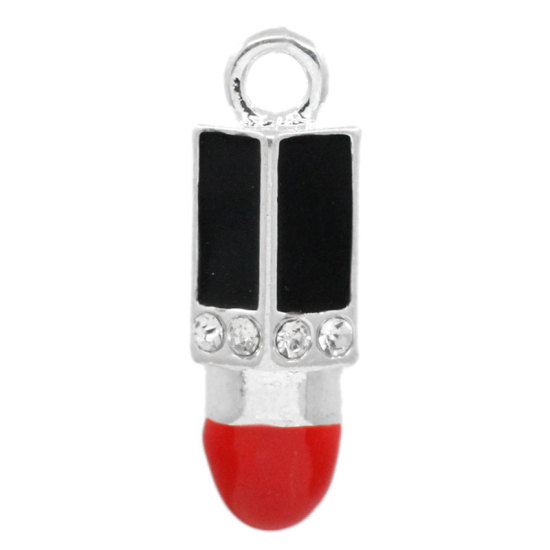 Picture of Zinc Based Alloy Charms Makeup Lipstick Silver Plated Clear Rhinestone Red & Black Enamel 25mm(1") x 8.5mm( 3/8"), 10 PCs