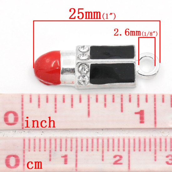 Bild von Zinklegierung Anhänger Make-up Lippenstift Versilbert, mit Weiß Strass 25.0mm x 8.5mm, 10 Stück 