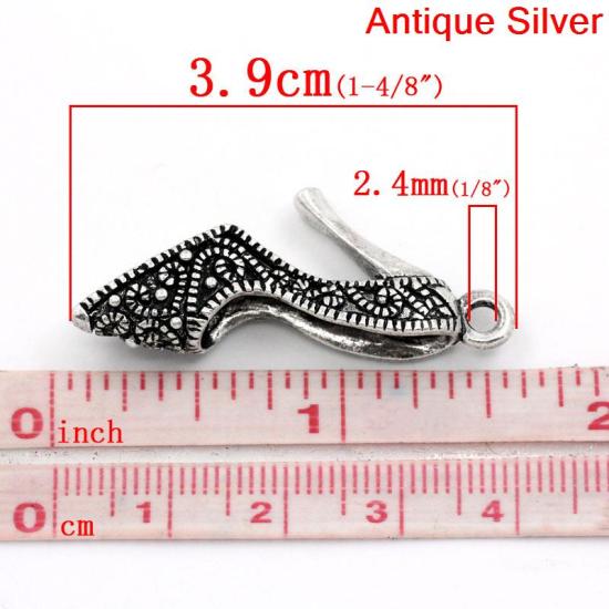 Picture of Zinc Metal Alloy 3D Pendants High-heeled Shoes Antique Silver Color Pattern Carved 39mm(1 4/8") x 17mm( 5/8"), 10 PCS