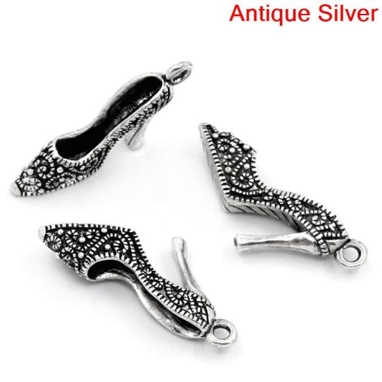 Picture of Zinc Metal Alloy 3D Pendants High-heeled Shoes Antique Silver Color Pattern Carved 39mm(1 4/8") x 17mm( 5/8"), 10 PCS