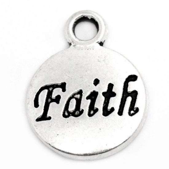 Picture of Zinc Based Alloy Charms Round Disc Antique Silver Color Message " Faith " Carved 15mm x 12mm( 5/8"x 4/8"), 50 PCs