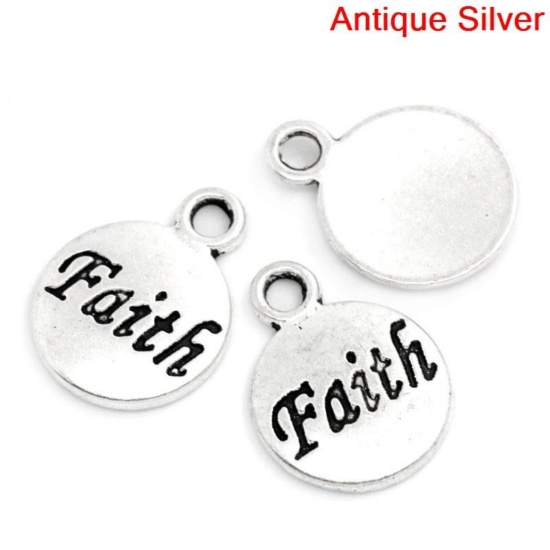 Picture of Zinc Based Alloy Charms Round Disc Antique Silver Color Message " Faith " Carved 15mm x 12mm( 5/8"x 4/8"), 50 PCs