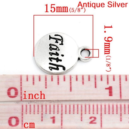 Picture of Zinc Based Alloy Charms Round Disc Antique Silver Color Message " Faith " Carved 15mm x 12mm( 5/8"x 4/8"), 50 PCs