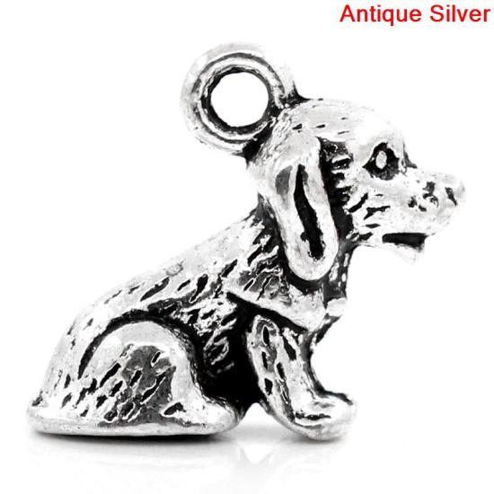 Picture of Zinc Metal Alloy Charm Pendants Dog Animal Antique Silver Color 16.5mm( 5/8") x 14mm( 4/8"), 30 PCs