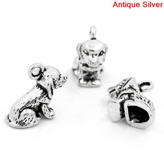 Picture of Zinc Metal Alloy Charm Pendants Dog Animal Antique Silver Color 16.5mm( 5/8") x 14mm( 4/8"), 30 PCs