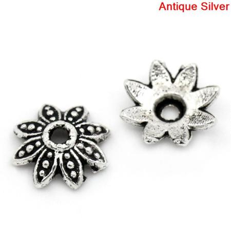 Image de Coupelle en Alliage de Zinc Fleur Argent Vieilli à Pois (Approprié à Perle 10mm - 12mm) 8mm x 8mm, 200 PCs