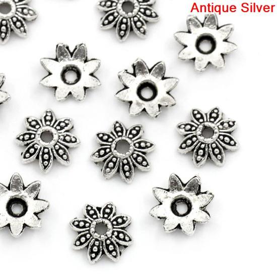 Picture of Zinc Based Alloy Beads Caps Flower Antique Silver Color Dot Pattern (Fits 10mm-12mm Beads) 8mm x 8mm, 200 PCs