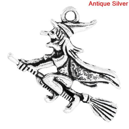 Imagen de Colgantes Aleación Halloween  Bruja Plata Antigua Rhinestone 3.7x2.9cm, 20 Unidades