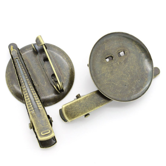 Picture of Iron Based Alloy Alligator Prong Clip & Pin Brooches Round Antique Bronze Cabochon Settings (Fits 28mm Dia.) 4.4cm x2.9cm(1 6/8" x1 1/8"), 50 PCs
