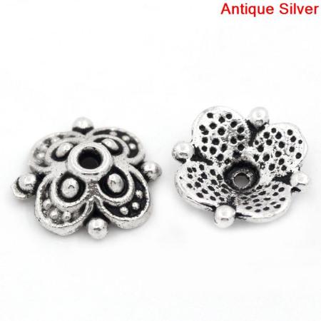 Image de Coupelle en Alliage de Zinc Fleur Argent Vieilli (Approprié à Perle 12mm - 14mm) 10mm x 10mm, 100 PCs