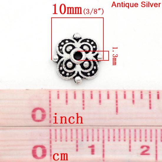 Bild von Zinklegierung Perlkappen Blumen Antik Silber für 12mm-14mm Perlen 10mm x 10mm 100 Stück