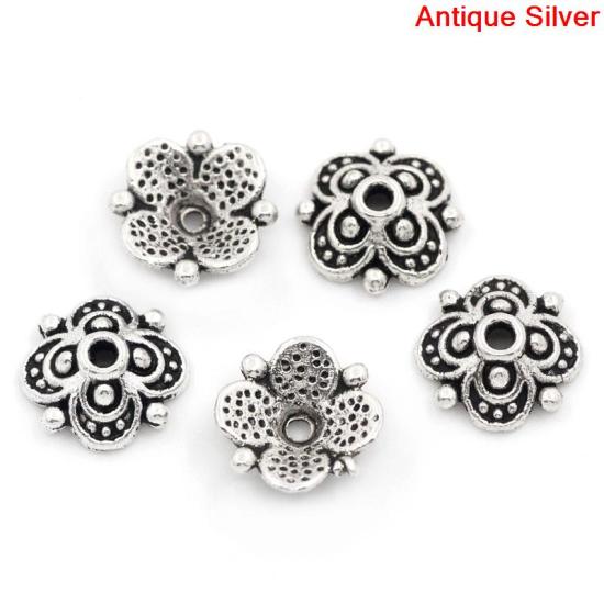 Bild von Zinklegierung Perlkappen Blumen Antik Silber für 12mm-14mm Perlen 10mm x 10mm 100 Stück