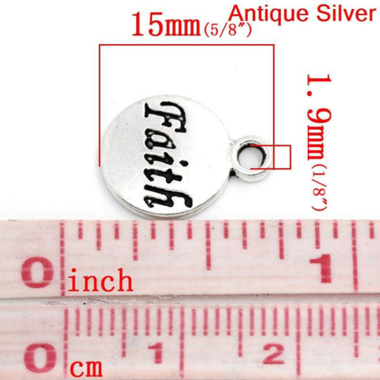 Picture of Zinc Based Alloy Charms Round Disc Antique Silver Color Message " Faith " Carved 15mm x 12mm( 5/8"x 4/8"), 50 PCs