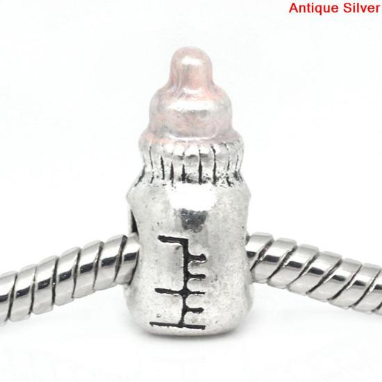 Immagine di Lega di Zinco Stile Europeo Perline Bottiglia di Latte Rosa Argento Antico Circa 16.0mm x 9.0mm, Foro: Circa 4.4mm x 4.5mm, 10 Pz