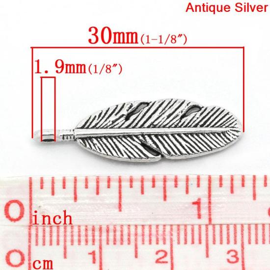 Picture of Zinc Based Alloy Pendants Feather Antique Silver Color 30mm x 9mm(1 1/8"x 3/8"), 50 PCs