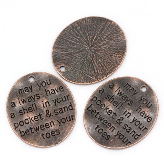 Picture of Zinc Metal Alloy Pendants Oval Antique Copper Message "May you always have a shell in your pocket & sand between your toes" Carved 30mm(1 1/8") x 26mm(1"), 10 PCs