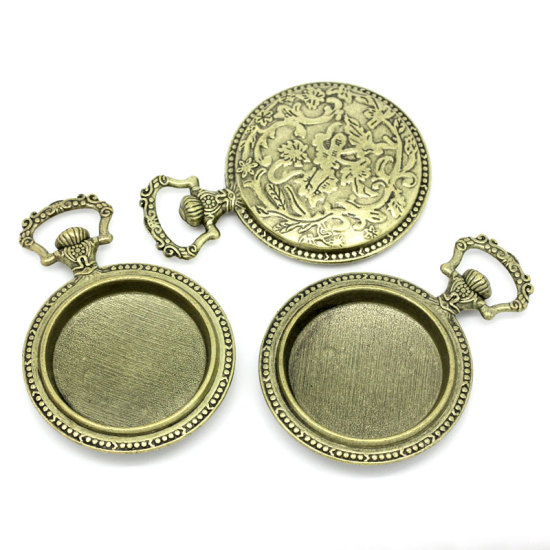 Picture of Zinc Based Alloy Cabochon Setting Pendants Pocket Watch Antique Bronze (Fits 33mm Dia.) 6.4cm x 4.5cm, 2 PCs