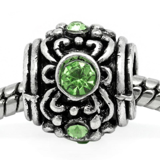 Picture of 10 PCs Zinc Based Alloy European Style Large Hole Charm Beads Antique Silver Color Barrel Carved Pattern Green Rhinestone 12mm x 10.5mm, Hole: Approx 5.3mm