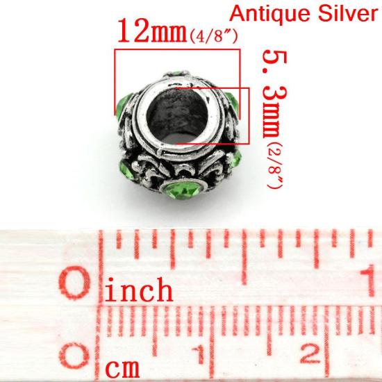Picture of 10 PCs Zinc Based Alloy European Style Large Hole Charm Beads Antique Silver Color Barrel Carved Pattern Green Rhinestone 12mm x 10.5mm, Hole: Approx 5.3mm