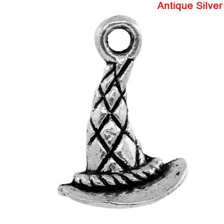 Imagen de Halloween Colgantes Aleación del Metal Del Zinc de Sombrero Plata Antigua Rhinestone 15.0mm x 11.0mm, 50 Unidades
