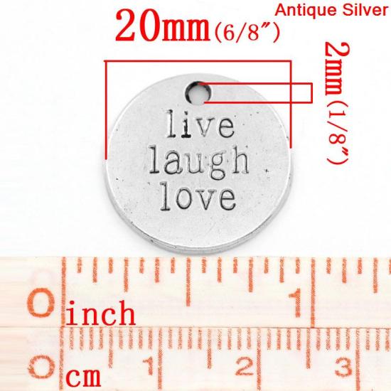 Immagine di Lega di Zinco Charm Ciondoli Tondo Argento Antico Lettere Disegno Live Laugh Love Intagliato 20.0mm Dia, 30 Pz