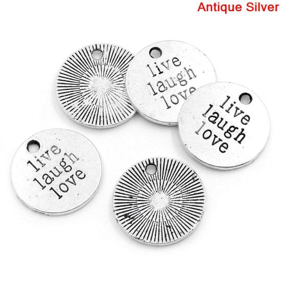 Immagine di Lega di Zinco Charm Ciondoli Tondo Argento Antico Lettere Disegno Live Laugh Love Intagliato 20.0mm Dia, 30 Pz