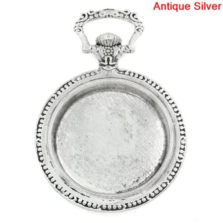 Zinc Based Alloy Cabochon Setting Pendants Pocket Watch Antique Silver Color (Fits 33mm Dia.) 6.4cm x 4.5cm, 2 PCs