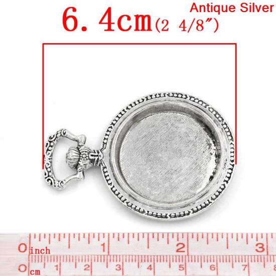 Bild von Zinklegierung Cabochon Fassung Anhänger Taschenuhr Antiksilber (für 33mm D) 6.4cm x 4.5cm 2 Stück