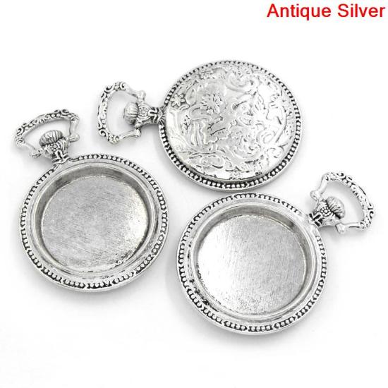 Picture of Zinc Based Alloy Cabochon Setting Pendants Pocket Watch Antique Silver Color (Fits 33mm Dia.) 6.4cm x 4.5cm, 2 PCs