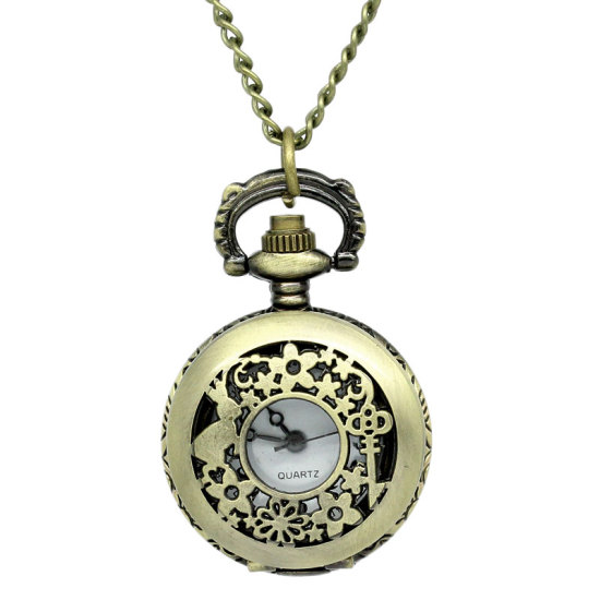 Picture of Pocket Watches Antique Bronze Hollow Flower Rabbit Carved Battery Included 85cm long(33 4/8"),1Piece