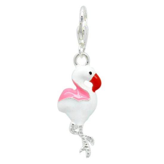 Picture of Zinc Metal Alloy Clip On Charms For Vintage Charm Bracelet Flamingo Animal Silver Plated Red & White Enamel 4.4cm x 1.2cm(1 6/8"x 4/8"), 5 PCs