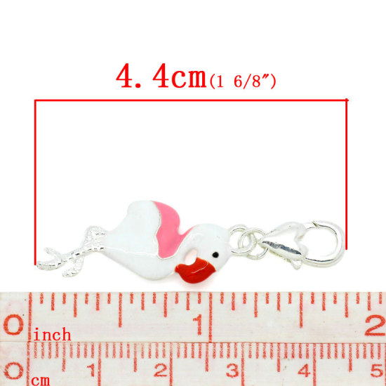 Picture of Zinc Metal Alloy Clip On Charms For Vintage Charm Bracelet Flamingo Animal Silver Plated Red & White Enamel 4.4cm x 1.2cm(1 6/8"x 4/8"), 5 PCs
