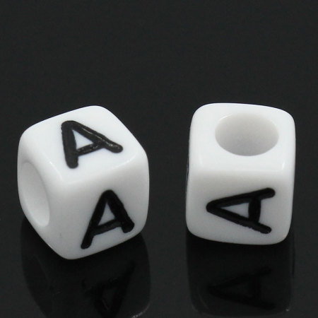 Acrylic Spacer Beads Cube White Alphabet/ Letter "A" About 6mm x 6mm, Hole: Approx 3.5mm, 500 PCs