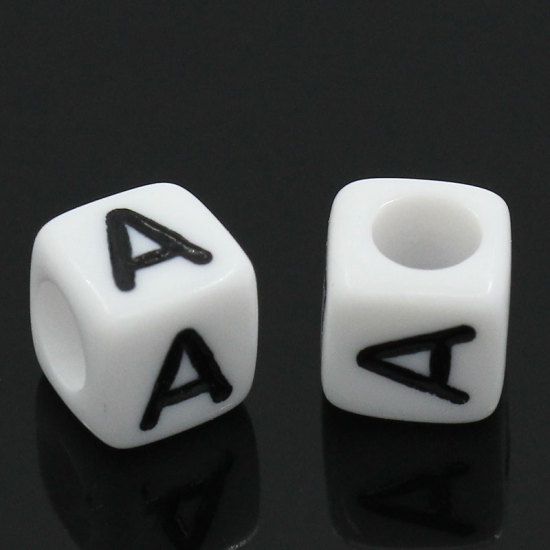 Picture of Acrylic Spacer Beads Cube White Alphabet/ Letter "A" About 6mm x 6mm, Hole: Approx 3.5mm, 500 PCs
