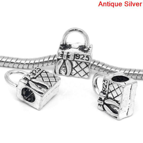Immagine di Lega di Zinco Stile Europeo Perline Borsa Argento Antico Circa 14.0mm x 10.0mm, Foro: Circa 4.6mm, 10 Pz